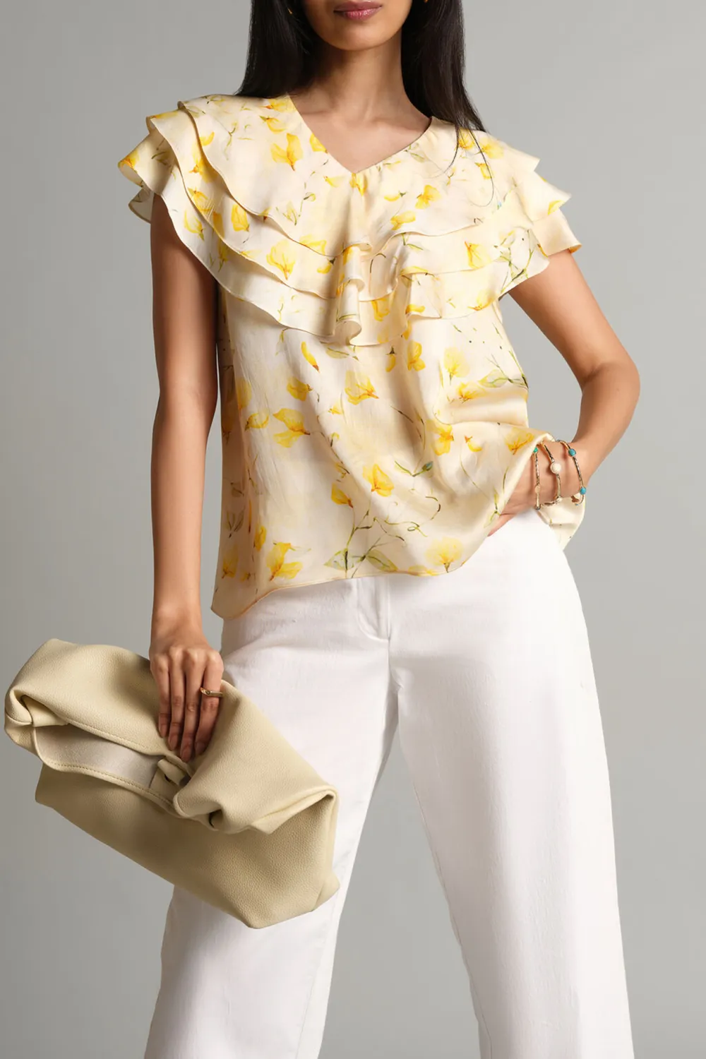 V-Neck Yellow Bloom Ruffle Top