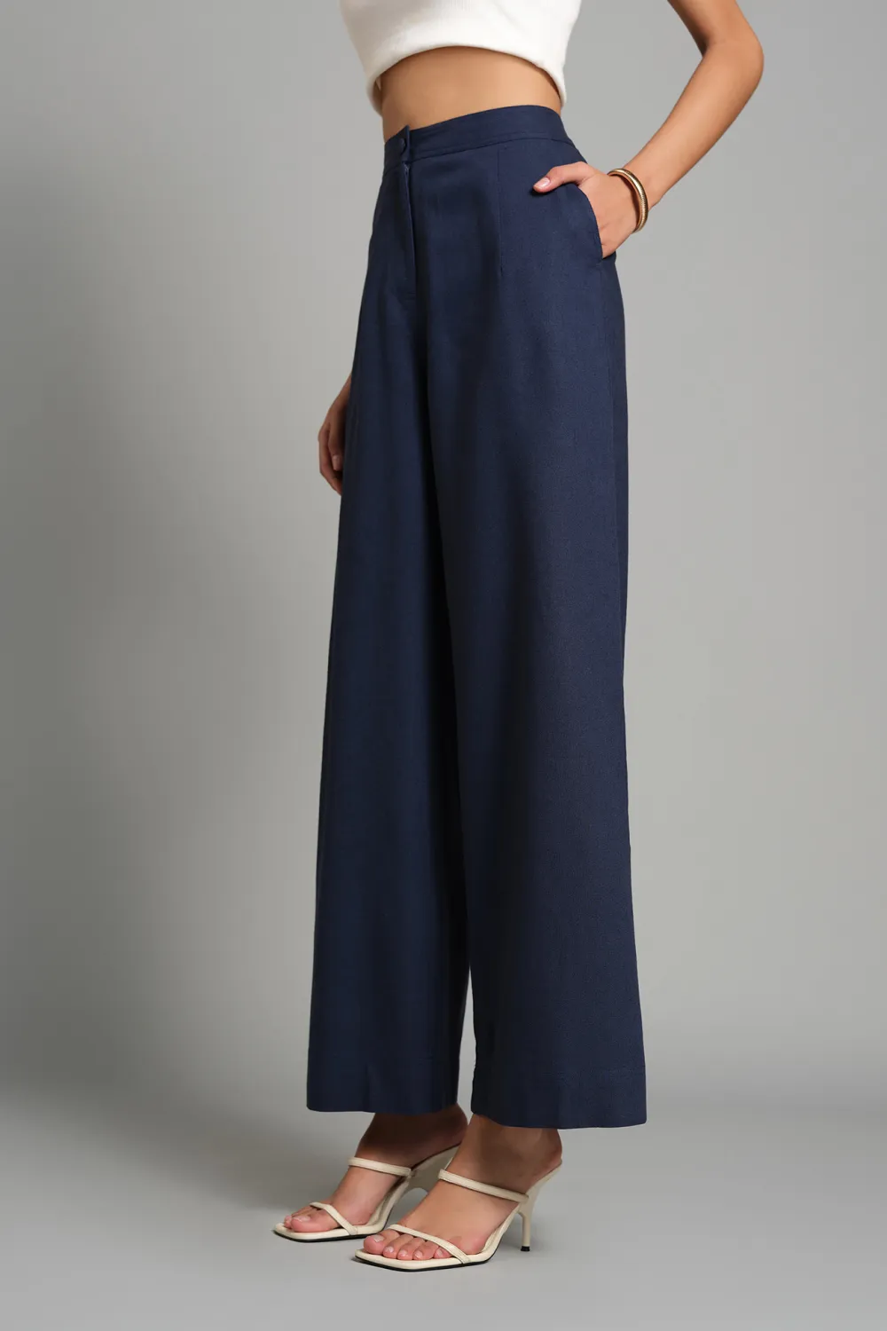 Navy Casual Wear Wide-Leg Pants