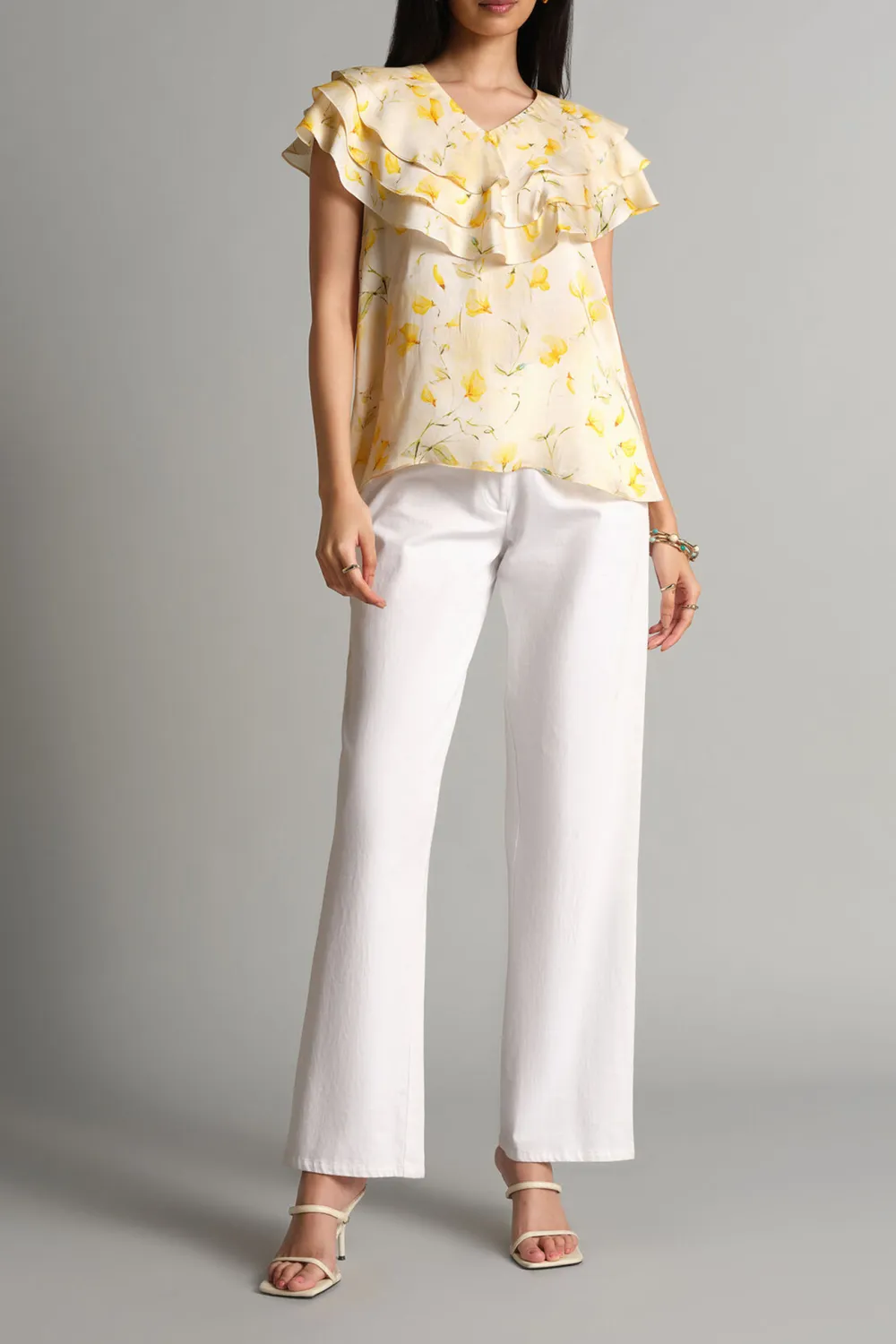V-Neck Yellow Bloom Ruffle Top